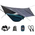 AnorTrek Camping Hammock with Mosquito Net and Rain Fly Tarp, Portable Double Hammock with Two Tree Straps, 210T Nylon Hammock and Waterproof Rain Fly Set for Hiking, Backpacking (Blue)