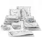 MALACASA Série Flora, 26pcs Service de Table Porcelaine Marbre, 6 Bols, 6 Assiettes à Dessert, 6 Assiettes Creuse à Soupe, 6 Assiettes Plates, 2 Plats Rectangulaires pour 6 Personnes