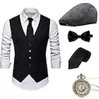 Gionforsy 1920s Mens Vest Accessories Gatsby Gangster Costume Accessories Set 20s Hat Suspenders Bow Tie Vintage Pocket Watch (Large, Black)
