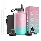 Coolflask Water Bottle Insulated 64 oz with Straw & 3 Lids, Half Gallon Water Jug Large Metal Stainless Steel Wide Mouth, BPA-Free Keep Cold 48H Hot 24H, Bubblegum Princess