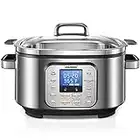 Slow Cooker, HOUSNAT 10 in 1 Programmable Cooker, 6Qt Stainless Steel, Rice Cooker, Yogurt Maker, Delay Start, Steaming Rack and Glass Lid, Adjustable Temp&Time for Slow Cook with Digital Timer