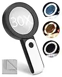 Magnifying Glass with Light, 30X Handheld Large Magnifying Glass with18 LED Cold and Warm Light, 3 Modes Lighted Magnifying Glass for Seniors Reading, Inspection Small Print, Stamps, Coins, Jewelry