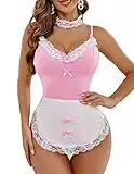 Avidlove Women's Costumes Teddy with Lace Trim Aoron Halloween Maid Role Play Outfits Sexy Pink L