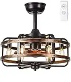 IYUNXI Caged Ceiling Fans with Lights Farmhouse, 18 Inch Flush Mount Vintage Bladeless Rustic Chandeliers Fan Remote Bedroom 6 Light E12 Bulb Base