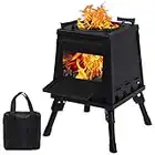 Lineslife Wood Burning Camp Stove, Folding Cast Iron Camping Wood Stove with Carrying Case Portable for Backpacking Outdoor Cooking BBQ, Black, Small