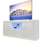 Dripex TV Lowboard Fernsehtisch Board TV Schrank mit LED Beleuchtung Weiß Hochglanz mit Türen und Klappe, 135x70x35 cm