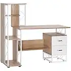 HOMCOM Escritorio con Estantería Librería Mesa de Ordenador PC con Superficie de 110 cm 2 Cajones y Múltiples Estantes para Oficina Estudio Despacho 133x55x123 cm Roble