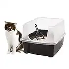 IRIS USA Open Top Cat Litter Tray with Scoop and Scatter Shield, Sturdy Easy to Clean Open Air Kitty Litter Pan with Tall Spray and Scatter Shield, Black/Clear