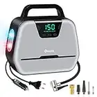 Reesibi 220V 12V Compressore Aria Portatile AC DC Doppia Alimentazione per Auto Bici Moto Gomme Palloni, Max. 150PSI / 10,3bar, Digitale con Luce LED, Kit Adattatore, Valvola Presta, Cavi