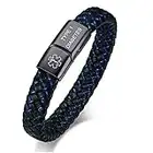 VNOX Medical Alert ID Type 1 Diabetes Blue&Black Braided Leather Stainless Steel Cuff Bracelet