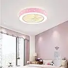 TFCFL 22" Invisible Ceiling Fan with Light, Modern Round Semi Flush Mount Chandelier Fan Drum Shaped Star Pattern with Remote Control Tri-Color 3 Speed Hidden Blades for Kids Bedroom (Pink)