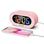 REACHER Pink Girls Alarm Clock, Dimmable Colorful LED Digital Display, USB Phone Charger Port, Simple Operation for Kids, Adults, Adjustable Volume, Snooze, Small Size for Bedrooms, Bedside, Desk