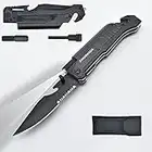 SHUBHADA Folding Pocket Knives Multi Function Emergency Tool Knives Led Light Magnesium fire starter Seatbelt cutter Glass breaker Bottle opener（Black）