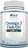 Omega 3 Fish Oil 1000 mg - Huile de Poisson - 365 Gélules - Cure d'1 An - Riche en EPA 540mg et DHA 360mg - Compléments alimentaires de Nu U Nutrition