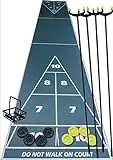 Home Shuffleboard Court Package - Roll Out Shuffleboard Court (28'L X 54" W), 4 Shuffleboard Cues, Official 6" Tournament Discs (4 Yellow, 4 Black), Disc Carrier, and Rules