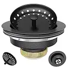 EXAKEY Black Sink Drain 3-1/2 Inch Matte Black Kitchen Sink Drain Strainer Assembly Kit with Strainer Basket and Drain Stopper for Standard Kitchen Sink Stainless Steel