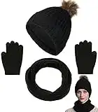 Joligiao Ensemble Femme Bonnet Tricot éCharpe Polaire Gants éCharpe Chaude Doublure Polaire Chapeau Pompon Gants à éCran Tactile Cache Cou Extensible Ensemble 3 En1,Noir