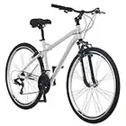 Schwinn Network 3.0 Hybrid Bike, Men and Women, 700c Wheels, 21-Speed, 18-Inch Aluminum Frame, Front Suspension, Alloy Linear Pull Brakes, White