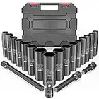 Schlagschrauber Nüsse Set, 20 PCS Impact Socket Set Steckschlüsselsatz mit 1/2'' Antrieb, 3/8'' Stecknuss Adapter, 9-24mm Sechskant Nuss und 3'', 5'', 10'' Verlängerungsstangen