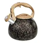 Beruyu Stove Top Whistling Kettle, Stainless Steel Gold-Lined Teapot with Wood Grain Anti-Scald Handle, for Gas Stove Induction Cooker, 3L (Black Gold)