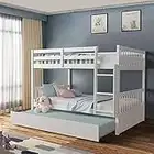 Giantex Full Over Full Bunk Bed with Trundle, Solid Wood Trundle Bed Frame w/Guardrails and Ladder, Convertible to 2 Beds, Full Size Bunk Beds for Adults Kids Teens, No Box Spring Needed, White