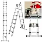 EN131 Telescopic Ladder 5M(2.5M+2.5M) A-Type Extension Ladder with Stabilizer Bar, Multi Purpose Extendable Loft Ladder Folding Ladder, 16 Adjustable Steps with Locking Button, Max Load 150kg