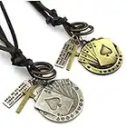 LAFATINA Lot de 2 rétro Argent Bronze Ton Carte à Jouer Poker Ventilateur de Jeu Cordon en Cuir réglable chaîne Tour de Cou Pendentif Collier Bijoux pour Unisexe Hommes Femmes