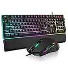 RedThunder K10 Gaming Tastatur und Maus Set, QWERTZ DE-Layout, Metallplatte und Handballenauflager ,RGB-Hintergrundbeleuchtung und 7D mit Ergonomische für PC Gamer(Schwarz)