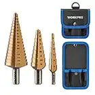 WORKPRO 3-Piece Step Drill Bit Set,1/4'' 3/8'' Universal Shank High Speed Steel Titanium Coated Drill Bits for Plastic, Sheet Metal, Aluminum Hole Drilling, Well-Organized Bag Included,SAE