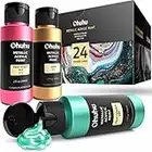 Ohuhu Metallic Acrylic Paint Set for Rock Painting Art, 24 Vivid Metallic Colors (59ml, 2oz) Acrylic Painting Bottles for Canvas, Wood, Ceramic, Crafts, Non Toxic Paints for Beginners DIY Gift