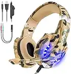 VersionTECH. Auriculares Gaming Estéreo con Micrófono Gaming Headset Profesional Bass Over-Ear con 3.5mm Jack, PS5, Luz LED,Bajo Ruido Compatible para PC (Camuflaje)