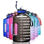 ETDW Gallon Motivational Water Bottle Jug with Time Marker, 128oz BPA Free Big Water Bottle with Straw Cleaning Brush Leakproof Daily Water Intake Bottle with Handle Pop Up Open Black