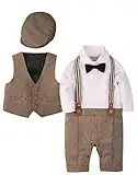 ZOEREA Baby Boy Outfits Set, 3pcs Long Sleeves Gentleman Jumpsuit & Vest Coat & Berets Hat with Bow Tie Brown,6-9 Months