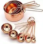 Copper Stainless Steel Measuring Cups and Spoons Set of 8 Engraved Measurements, Pouring Spouts & Mirror Polished for Baking and Cooking Include Magnetic Measurement Conversion Chart by KAISHANE