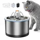 Peteast Cat Water Fountain, 2.5L/84Oz Stainless Steel Cat Fountain, Ultra Quiet Pet Water Fountain for Cats and Dogs, LED Light Pump & 2 Replacement Filters