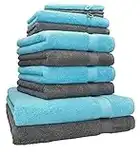 Betz Lot de 10 Serviettes Set de 2 Serviettes, draps de Bain 4 Serviettes de Toilette 2 Serviettes d‘invité 2 Gants de Toilette 100% Coton Premium Couleur Turqoise et Gris Anthracite