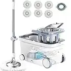 Michao Spin Mop Bucket Deluxe 360 Spinning Floor Cleaning System with 6 Microfiber Replacement Head Refills,62" Extended Handle,4X Wheel for Home Cleaning