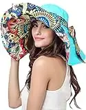 Women's Foldable Floppy Reversible Travel Beach Sun Visor Hat Wide Brim UPF 50+ Blue