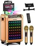 MASINGO Karaoke Machine for Adults & Kids with 2 Wireless Microphones - Portable Singing PA Speaker System w/Two Bluetooth Mics, Party Lights, Lyrics Display Holder & TV Cable - Soprano X1 Gold