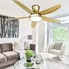 Morpholife 52" Gold Ceiling Fans with Lights Remote Control, Modern LED Low Profile Chandeliers Fan, Champagne Flush Mount Ceiling Fan Light Kit with 5 Abs Reversible Blades for Living Room Bedroom