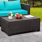 Outdoor Storage Table Wicker Patio Coffee Table All-Weather Rattan Side Table with Waterproof Cover, Brown