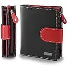 Cartera para Mujer - con Bloqueo de transmisiones RFID y 10 Ranuras para Tarjetas - Cuero auténtico Muy Suave - Negro y Rojo