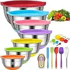 Mixing Bowls with Airtight Lids, 18pcs Stainless Steel Nesting Colorful Mixing Bowls Set ¨C Non-Slip Silicone Bottom, Size 7, 5.5, 4, 3.5, 2.5, 2, 1.5 qt, Fit for Mixing & Serving