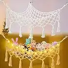 SUKESIAI Stuffed Animal Toy Hammock with LED Light, Boho Stuffed Animal Net Toy Hanging Organizer Macrame Toy Hammock, Toy Storage Hammock Corner Plush Toy Net Holder for Nursery Play Room Bedroom 43"