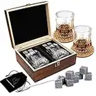 Whiskey Stones Gift Set - Scotch Bourbon Glasses Set, Whisky Rocks Chilling Stones in Wooden Gift Box - Gift Set for Men - Idea for Birthday, Anniversary, Christmas, Fathers Day.