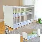 Cuna con cajón y tapa, con colchón de espuma de aloe vera, altura regulable, color blanco, convertible en cama infantil