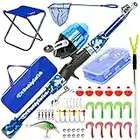 DaddyGoFish Kids Fishing Pole – Telescopic Rod & Reel Combo with Collapsible Chair, Rod Holder, Tackle Box, Bait Net and Carry Bag for Boys and Girls (Blue, 4.00)