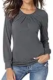 Hiistandd Damen Langarmshirt Damen Langarm T-Shirt Rundhals Falten T-Shirt Casual Stretch Top Shirts (Gray, Large)