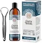 GuruNanda Advanced Formula Oil Pulling with Tongue Scraper - Oil Pulling for Healthy Teeth & Gums with Vitamin D,E - Coconut Oil Natural Mouthwash, Helps with Fresh Breath & Teeth Whitening (237 mL)