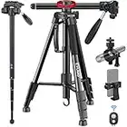 EVUMO Treppiede Fotocamera, 167cm Alluminio Cavalletto Macchina Fotografica Monopiede Con Rotazione 360° Colonna Centrale, Tripod Testa Fluido Per DSLR Videocamera, Clip Per Telefono, Carico Max 5Kg